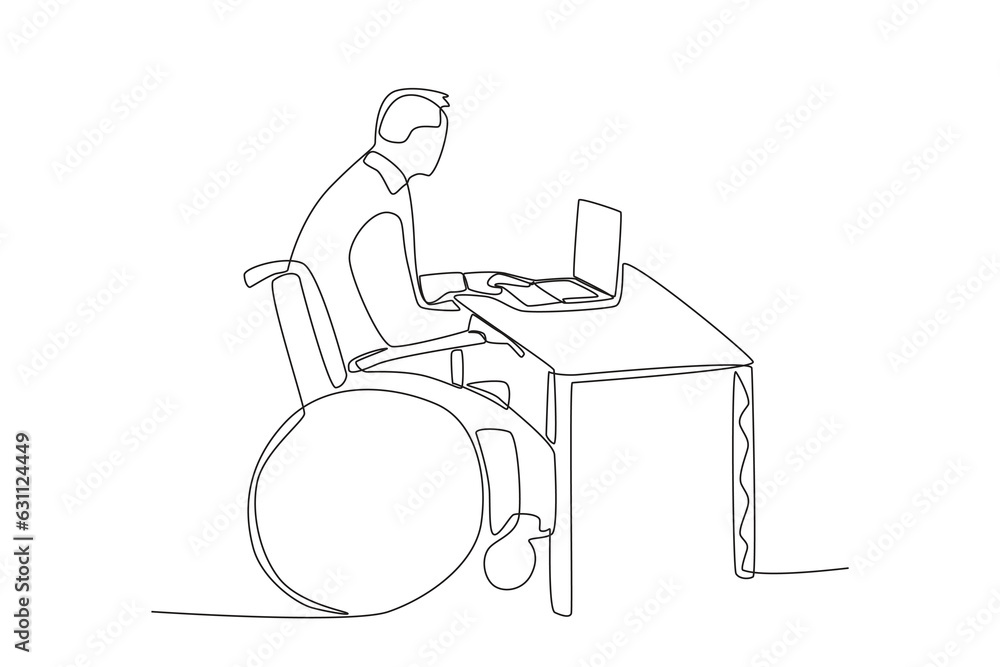 Single continuous line drawing of a man in wheelchair is finishing work at his desk
Single continuous line drawing of a man in wheelchair is finishing work at his desk