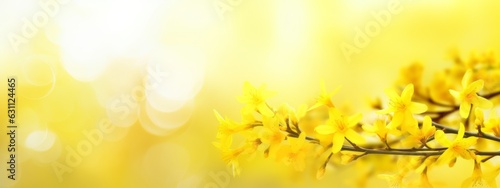 flowering forsythia in springtime sunshine  floral spring background banner concept with copy space
