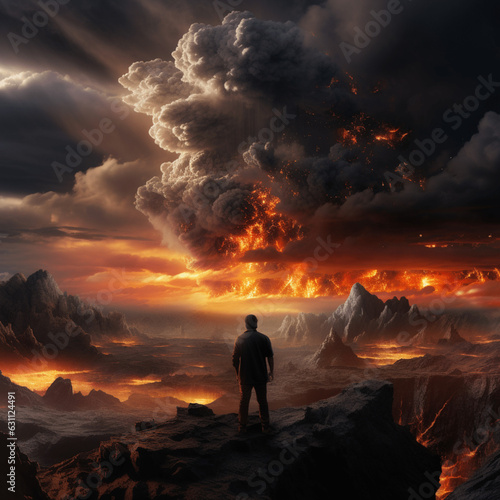 A man looking to a flames surrounded by gray clouds