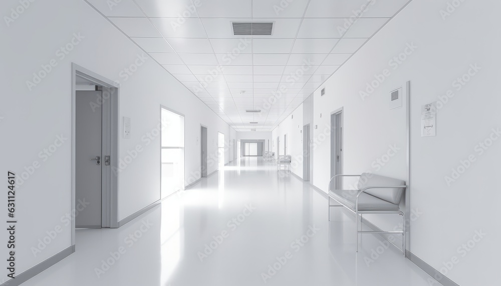 Front view of empty hospital corridor in white. Minimal clean hospital corridor without people, nobody