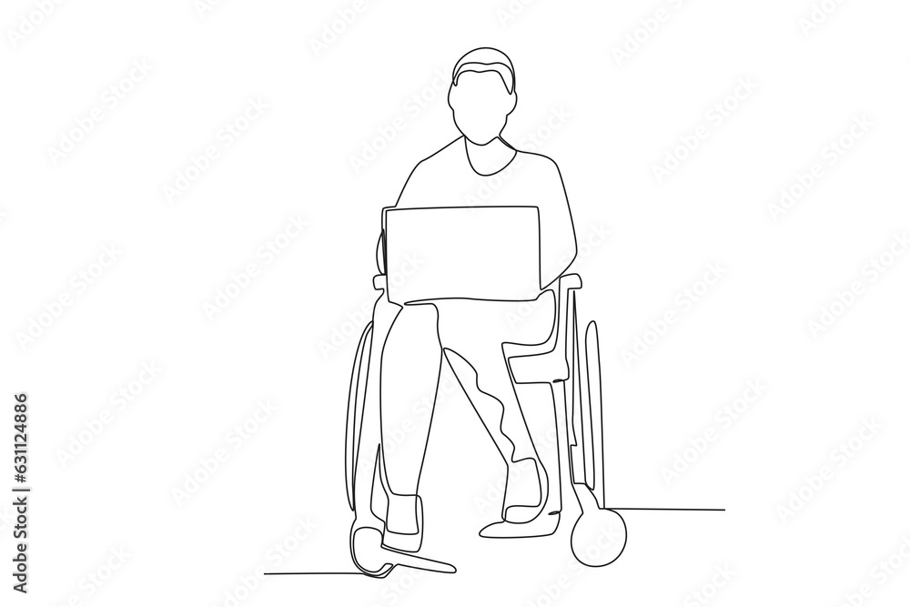 Single continuous line drawing of a woman in wheelchair working on laptop
