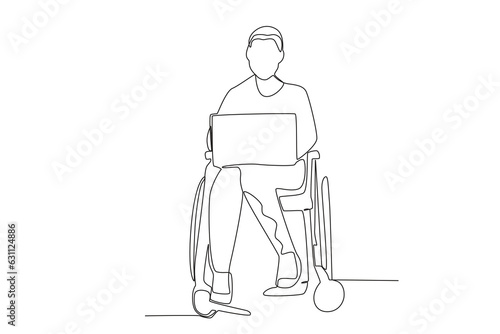 Single continuous line drawing of a woman in wheelchair working on laptop 