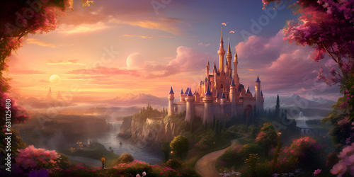 A magical romantic and blooming land with magnificent castle,  Magical fantasy landscape scene wonderland,  A castle in the sky with clouds and mountains in the background, generative Ai