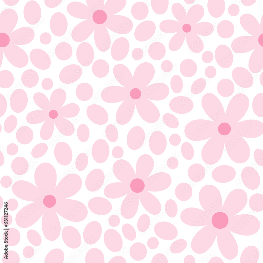 Flowers and dots seamless pattern. Cute allover illustration with hand drawn pink flowers and dots on white background. Tender soft baby pink floral backdrop
