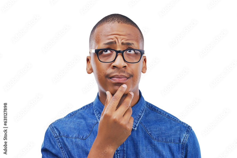 Black man, thinking and confused by question, why or remember idea for planning on isolated, transparent or png background. Doubt, guy and hand on face for solution, problem solving or brainstorming Black man, thinking and confused by question, why or remember idea for planning on isolated, transparent or png background. Doubt, guy and hand on face for solution, problem solving or brainstorming
