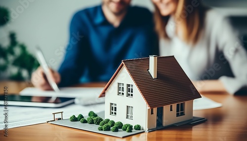 Real estate agent or realtor signing mortgage agreement for new home with couple of happy young clients. Concept of home loan and buying own property. Close up of miniature house