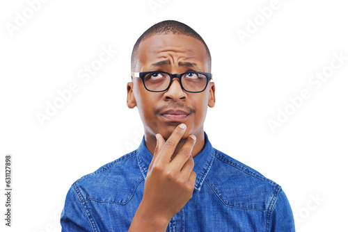 Black man, thinking and confused by question, why or remember idea for planning on isolated, transparent or png background. Doubt, guy and hand on face for solution, problem solving or brainstorming