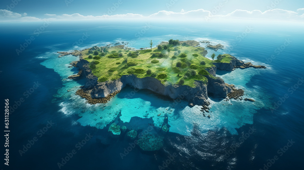 A remote island surrounded by sparkling blue ocean waters