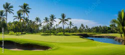 image of a golf course in the tropics with palm trees in the background. Generative AI.