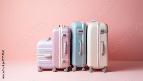 Set of travel suitcases in delicate pastel colors isolated on a pink background. A minimal creative concept for a tourism banner