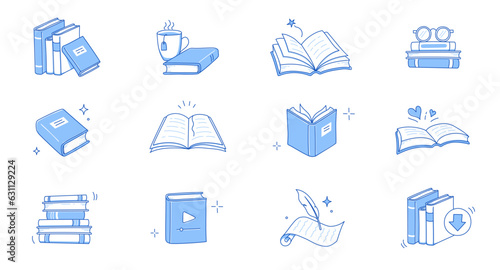 Book line doodle icon set. Hand drawn sketch doodle style line icon book, diary. Open library, reading, school education doodle concept icon. Blue pen line style stroke. Vector illustration.