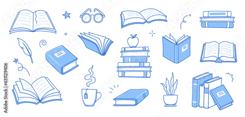 Book library stack sketch set. Hand drawn sketch doodle style line book stack. Library, reading, school doodle concept icon background. Blue pen line style stroke. Vector illustration.