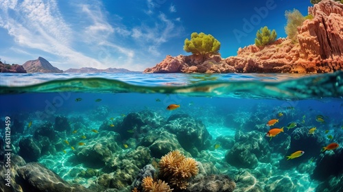  an underwater view of a coral reef and coral reef with a mountain in the background. generative ai