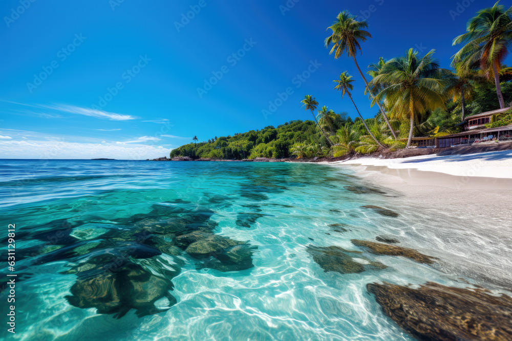 Fototapeta premium Untouched sandy beach with palms trees and azure ocean in background