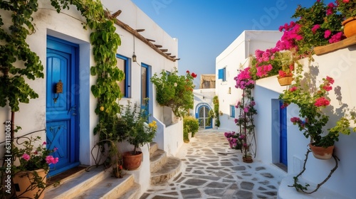  a narrow street with potted plants and flowers on either side.  generative ai