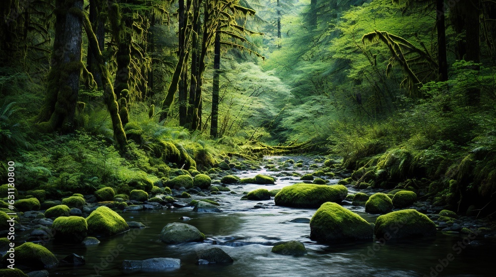 Fototapeta premium a stream running through a lush green forest filled with rocks. generative ai