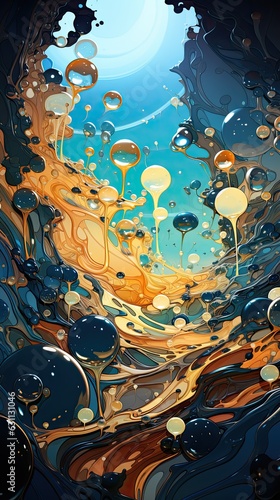 The illustration has a background with blue water drops effects creating a calming and serene atmosphere. Generative Ai.