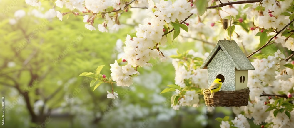 white flowering tree in an idyllic spring garden with hanging bird house decoration