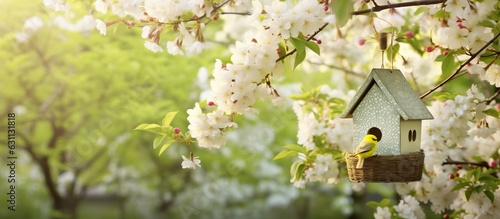 white flowering tree in an idyllic spring garden with hanging bird house decoration