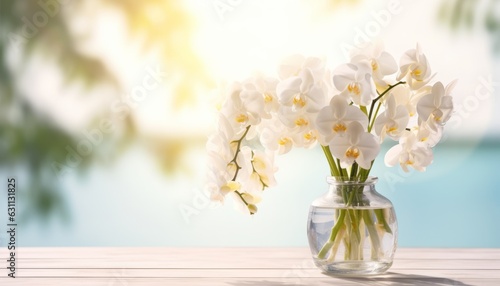 white orchid flower decoration in a glass vase with sunlight on wooden table with copy space  floral spa background with spirit of purity