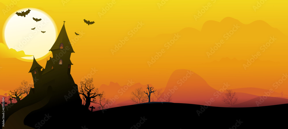Landscape of an isolated haunted castle in the middle of a cemetery and trees from which bats fly away with a yellow moon in the orange sky in the background