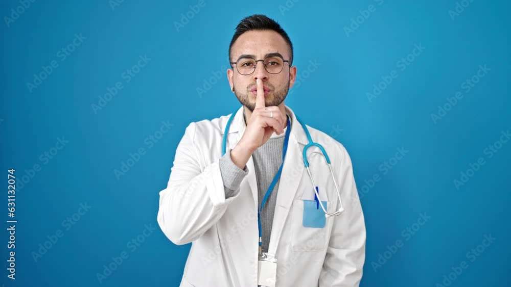 Hispanic man doctor asking for silent over isolated blue background Hispanic man doctor asking for silent over isolated blue background