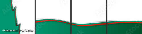 Set of Bulgarian Flag templates with continuous Bulgarian flag on three card templates. One ribbon flag card. Perfect for frames, social media posts, brochures, banners, greeting cards. Vector EPS 10.