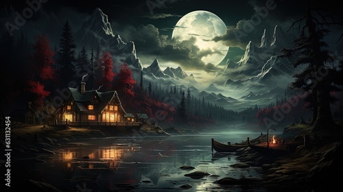  a painting of a cabin by a lake with a full moon in the background. generative ai