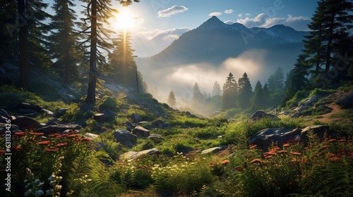  the sun shines through the clouds over a mountain meadow. generative ai