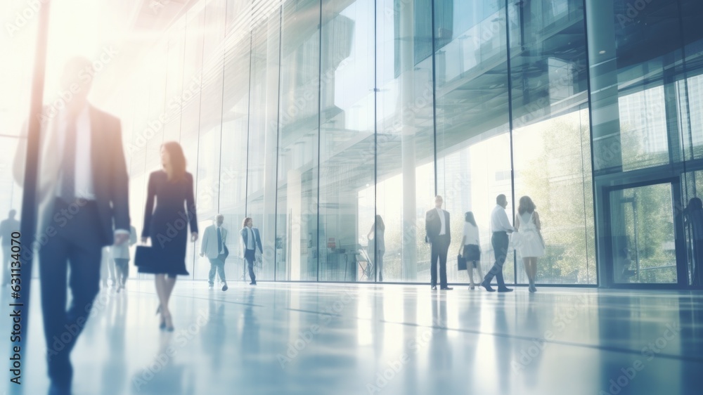 Blurred business people walking in office building hallway Blurred business people walking in office building hallway