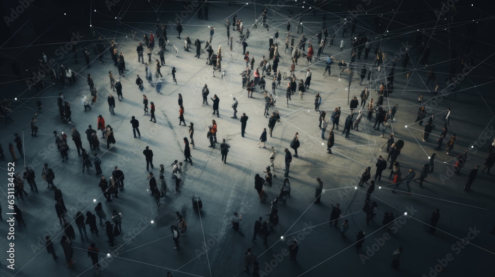 Obraz premium top view of crowd people connected by lines, AI Generated