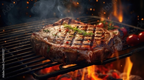 beef ribeye steak grilling on flaming grill, ai generated