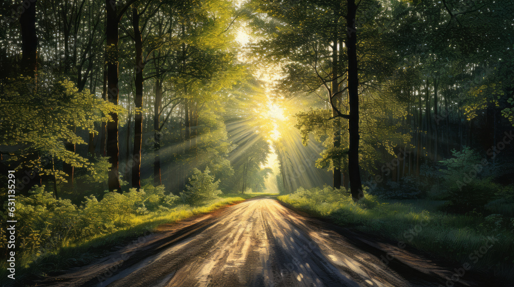 Fototapeta premium A scenic dirt road winding through a lush forest