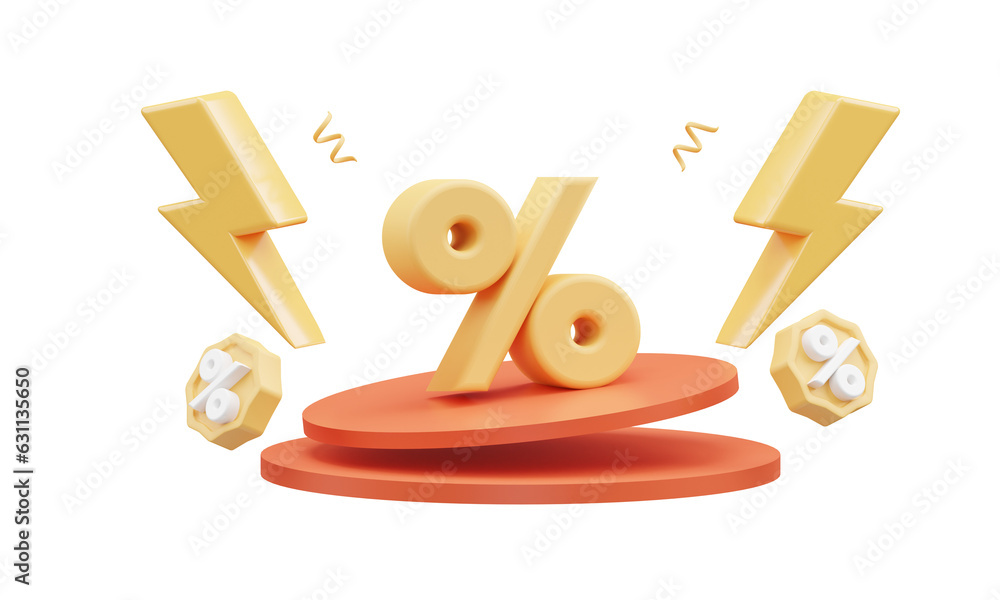 flash sale discount illustration with percent icon, thunder and price tag 3d rendering - obrazy, fototapety, plakaty 