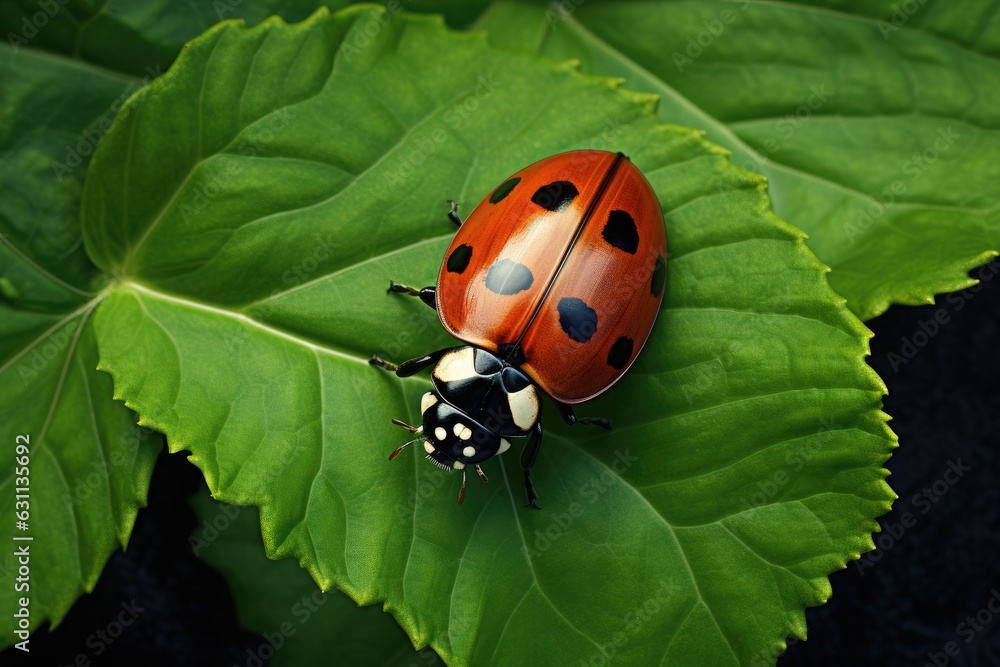 Fototapeta premium top view of ladybug on leaf, ai generated
