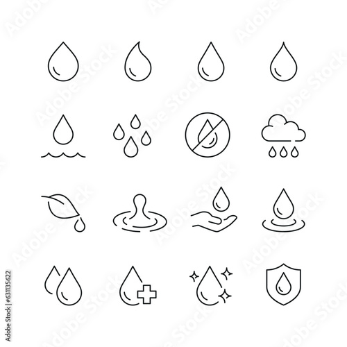 Vector line set of icons related with water drops. Contains monochrome icons like raindrop, droplet, splash, cloud, aqua, blob and more. Simple outline sign.