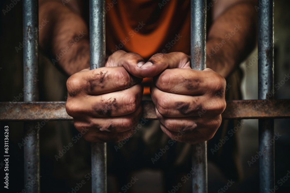 Man behind prison bars. Men's hands rest on the bars of a prison or