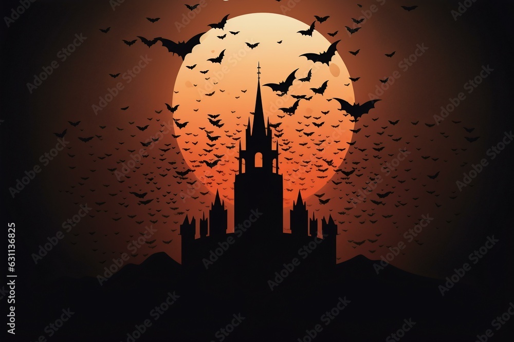 Halloween's Midnight Castle Red Moon Silhouettes, Generative AI Stock