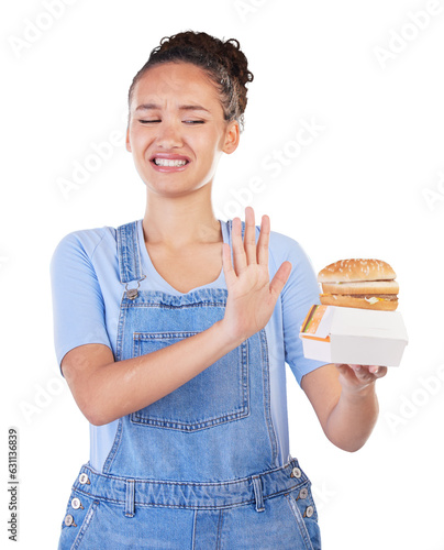 Burger, no and woman reject fast food choice and unhappy gives bad, disgust and frustrated review for diet. Dislike, unhealthy and person disappointed isolated on a transparent, png background