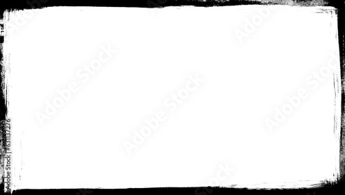 Grunge painted frame background texture. Vintage distressed black and white abstract artistic acrylic paint border. Blank 8k 16:9 empty isolated grungy rough brush stroke corner design backdrop..