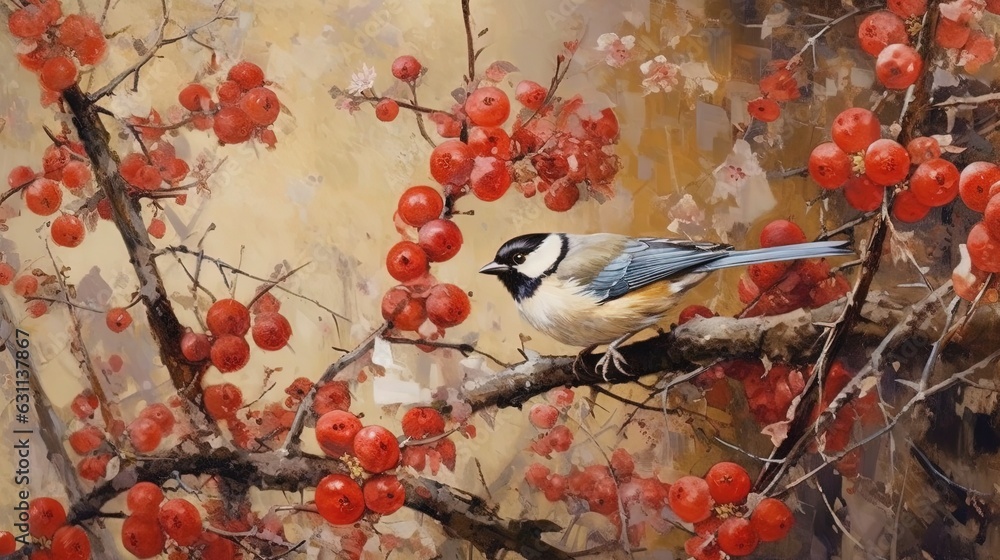  a painting of a bird sitting on a branch with berries.  generative ai