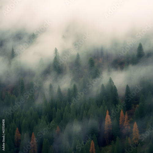 Fotografiet Forest on mountainside among low clouds