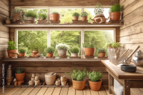 Near the window there is a shelf full of flower and vegetable seedling pots. Generative AI