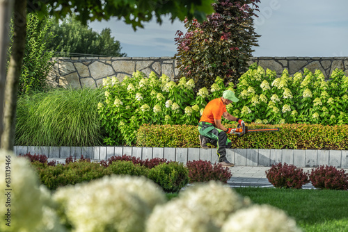 Garden Worker Shaping Front Yard Plants Using Hedge Trimmer