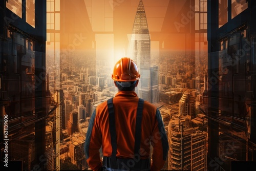construction of a skyscraper, worker in a orange helmet