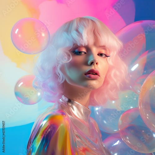 A vibrant portrait of a young woman with pink hair floating amongst a playful sea of balloons and bubbles evokes a sense of joy and freedom