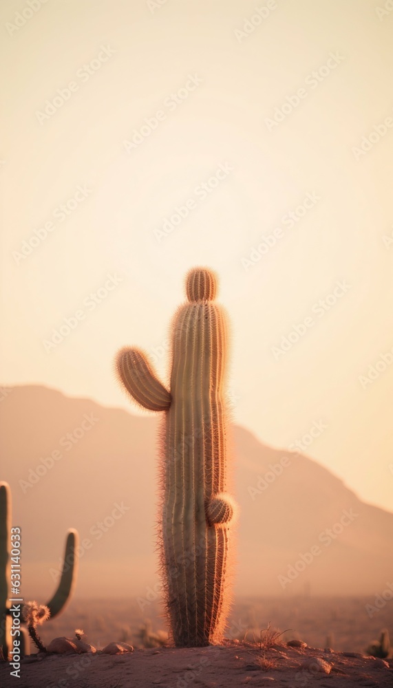 Solitary Cactus in a Muted Desert Landscape, Backlit by a Soft Sunset. Generative ai