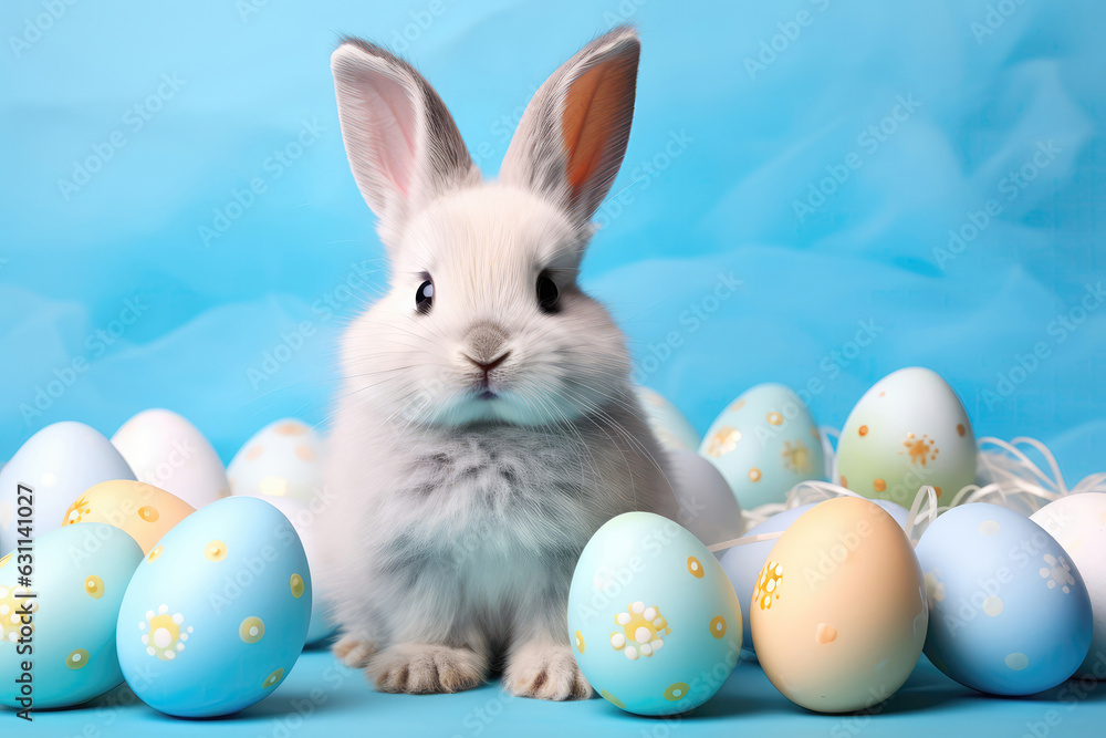 Cute Bunny, Around Painted Easter Eggs On Light Blue Background, Cartoony. Generative AI Cute Bunny, Around Painted Easter Eggs On Light Blue Background, Cartoony. Generative AI