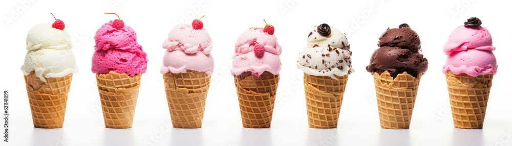 Set Of Different Kinds Of Ice Cream Balls In Waffle Cones On White Background. Panoramic Banner. Generative AI Set Of Different Kinds Of Ice Cream Balls In Waffle Cones On White Background. Panoramic Banner. Generative AI