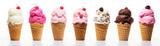Set Of Different Kinds Of Ice Cream Balls In Waffle Cones On White Background. Panoramic Banner. Generative AI
